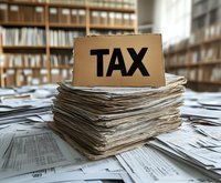 Cardboard sign with TAX text on stack of documents and papers in office archive room for accounting and financial record keeping services.