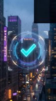 Futuristic cybersecurity verification interface with glowing checkmark over urban cityscape at night showing secure digital connection technology.