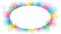 Colorful Easter egg border frame with pastel watercolor splashes and hand-drawn doodle elements on white background for spring holiday designs and greeting cards.