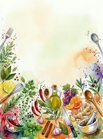 Watercolor cooking ingredients and kitchen utensils arranged on cream background with fresh herbs, citrus, vegetables, and spices. Ideal for culinary, recipe, and food preparation design projects.