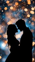 Romantic silhouette of couple against magical bokeh background with glowing orange lights and blue night sky, creating dreamy atmosphere for wedding or valentines.