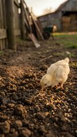 Young white chick pecking at soil in farmyard setting with wooden structures and fencing, suitable for agriculture and poultry farming concepts.