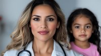 Hispanic female doctor in white coat smiling warmly at camera with young patient in pink shirt in background, representing healthcare, pediatrics and medical care.