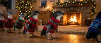 Adorable penguins wearing colorful Christmas sweaters walking in festive living room with fireplace, Christmas tree and holiday decorations.