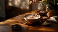 Rustic breakfast setting with creamy porridge bowl on wooden table in morning sunlight, fresh eggs and herbs creating cozy atmosphere for food photography.