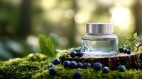 Natural skincare serum bottle with fresh blueberries and green leaves on moss-covered wood surface in soft sunlight for organic beauty products.