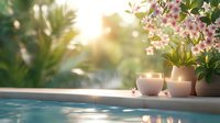 Tranquil poolside scene with glowing candles and pink flowers at sunset, creating serene spa atmosphere. Wellness and relaxation concept for resort marketing.