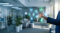 Businessman in blue suit interacting with floating green sustainability and eco-friendly icons in modern office environment, representing digital transformation and environmental responsibility.