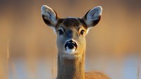 Young female white-tailed deer with alert expression and perked ears gazes directly at camera during golden hour, soft bokeh background creates dreamy wildlife portrait.
