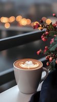 Cappuccino with latte art heart design in white ceramic cup near window with bokeh lights and red berries branch, cozy coffee shop atmosphere.