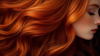 Young woman with flowing vibrant red orange hair in motion, professional salon styling showcasing luxurious wavy texture for beauty and haircare concepts.