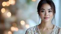Young Asian woman with gentle smile wearing white lace dress against soft bokeh lights background, natural makeup and romantic updo hairstyle.