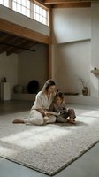 Young Caucasian mother and child sitting on a rug reading a book together in a minimalist neutral-toned living room interior.