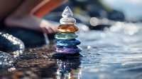 Colorful chakra crystal stones balanced in zen tower formation on water surface with peaceful meditation and spiritual healing energy for wellness practices.