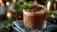 Rich chocolate cocktail with fresh mint garnish in crystal glass on festive holiday table with warm bokeh lights and evergreen decorations for seasonal celebrations.
