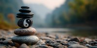 Balanced stone stack with yin yang symbol on riverbank creates zen meditation scene for wellness and spiritual harmony concepts in natural outdoor setting.