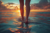 Female legs walking in shallow ocean water during golden sunset with dramatic sky and sun reflection on rippling water surface. Peaceful summer vacation scene.