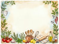 Watercolor kitchen frame with herbs, vegetables, spices and cooking utensils on aged paper background, perfect for recipe cards and menus.
