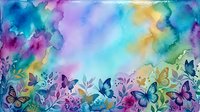 Watercolor spring garden border with colorful butterflies and flowers on gradient background for greeting cards and decorative projects.