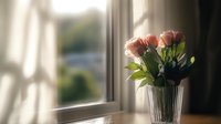 Pink roses in glass vase on windowsill with soft natural daylight and window shadows creating peaceful morning atmosphere, romantic home decor setting.