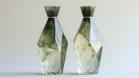 Geometric faceted glass vases with green gradient color on white background, modern minimalist design for contemporary home decor and interior styling.