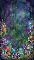 Enchanted forest scene with glowing mushrooms, magical plants, and starlit purple-green nebula sky. Whimsical woodland fantasy background with bioluminescent fungi and celestial atmosphere for creative projects.