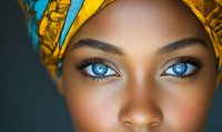 Close up portrait of African woman with striking blue eyes wearing yellow and turquoise headwrap against dark background, beauty and fashion concept.