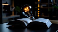 Glowing vintage light bulb floating above open book in dark room, creating magical atmosphere for reading and creative inspiration. Knowledge concept.