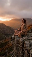 Young woman meditating on mountain cliff at sunset with dramatic cloudy sky and golden light illuminating peaceful landscape for wellness and mindfulness.