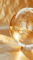 Golden glass sphere with luminous interior and window reflections casting warm shadows on textured surface, suitable for luxury, innovation, and abstract design projects.