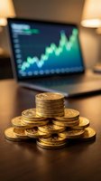 Stacked golden coins on desk with upward trending stock chart on laptop screen, symbolizing financial growth and investment success.