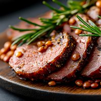 Sliced roast beef with rosemary and peppercorns on wooden board for gourmet dining and culinary presentations.