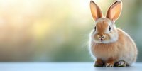 Adorable ginger dwarf rabbit with long ears sitting on light surface against soft bokeh background, looking directly at camera with curious expression.