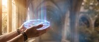 Hands holding glowing holographic globe with light particles, futuristic technology concept for innovation, digital transformation, and global connectivity solutions.