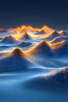 Abstract digital landscape with glowing orange waves on blue topographic terrain creates surreal mountain scenery with luminous peaks and valleys in dark atmosphere.