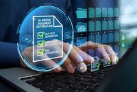 Businessman using AI-driven document automation software with digital interface displaying text generation and data processing capabilities on laptop.