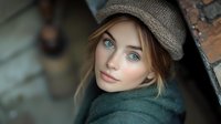 Young Caucasian woman with striking blue eyes wearing knit cap and green scarf, soft natural makeup, looking directly at camera with gentle expression against brick wall.
