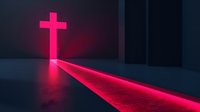 Glowing neon pink cross casting dramatic light beam reflection on dark floor, modern minimalist religious concept with vibrant colors and moody atmosphere.