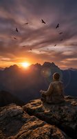 Man meditating on mountain peak at sunrise with birds flying overhead in dramatic sky. Peaceful spiritual moment in nature for wellness and mindfulness concepts.