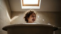 Happy toddler with curly hair laughing joyfully during bath time in modern bathroom with natural skylight creating warm atmosphere for family moments.