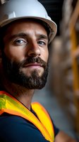 Close-up portrait of confident bearded Hispanic construction worker wearing white hardhat and reflective safety vest looking upward with determined expression.