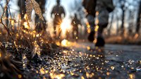 Magical winter sunset through melting icicles with sparkling water drops and bokeh lights creating dreamy atmosphere in forest landscape at golden hour.