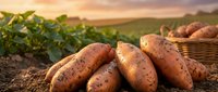 Fresh organic potatoes harvested from farm field at golden sunset with soil and green plants in rural agricultural landscape for healthy food concepts.