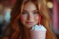 Young woman with long reddish-brown hair and freckles holding a pink beverage topped with whipped cream. Suitable for lifestyle, food, and beverage marketing campaigns.