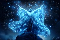 Mystical glowing blue spirit figure with outstretched arms standing on mountain peak against starry night sky, radiating ethereal energy and cosmic light particles.