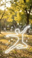 Glowing neon outline of dancing figure with hearts and stars in autumn park setting. Light art concept for wellness, joy, and outdoor fitness activities.