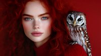 Young woman with vibrant red curly hair and blue eyes posing with striped owl on dark red background, mystical fantasy portrait showing connection between human and nature.
