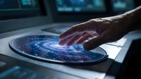 Hand touching holographic galaxy display on futuristic control panel with glowing blue cosmic interface for sci-fi technology and space exploration concepts.