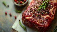 Raw marbled beef steak seasoned with rosemary, salt and peppercorns on stone background. Fresh meat close up with aromatic herbs and spices.