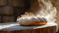 Fresh baked bread loaf steaming on rustic wooden surface in morning sunlight, creating atmospheric mood with rising vapor and warm golden crust.
